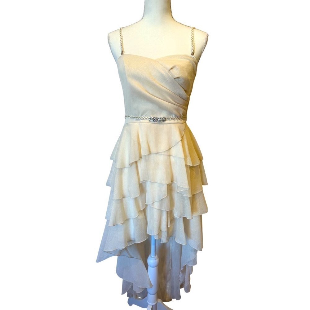 Teeze Me Ivory Shimmer Ruffle High Low Formal Dress Rhinestone Size 7